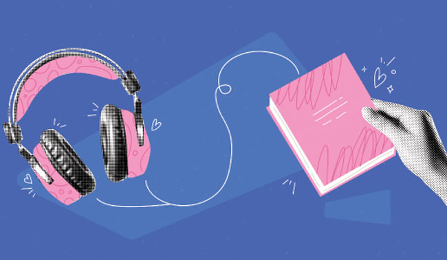 Collage graphic design banner with headphones and hands with books.