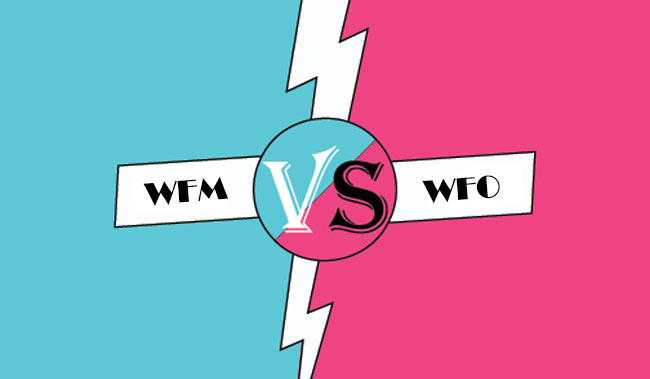 WFM VS WFO written on a blue and pink background.