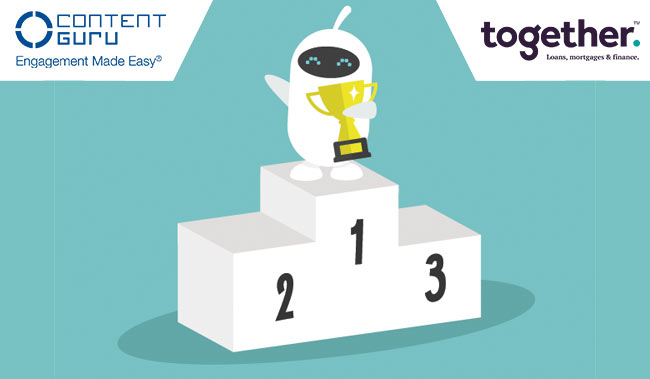 Robot holding a trophy on the top spot of a podium