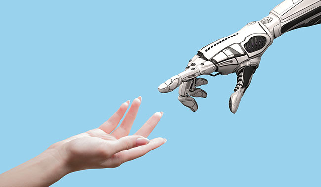 Human hand and robot hand touching