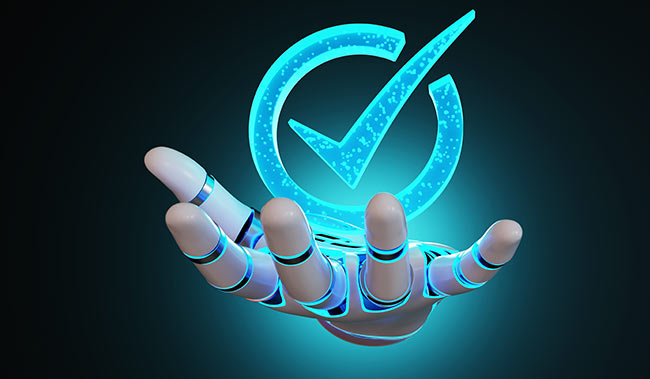 Robot hand holding a glowing circled tick symbol on dark background