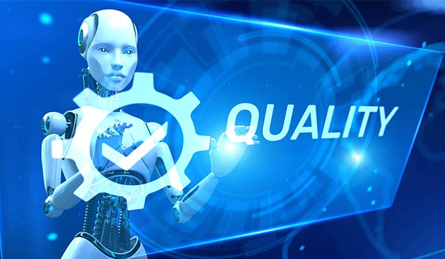 Robot touching a digital screen that says 'Quality' on it