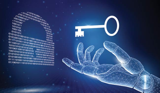 robot hand with key to binary code lock