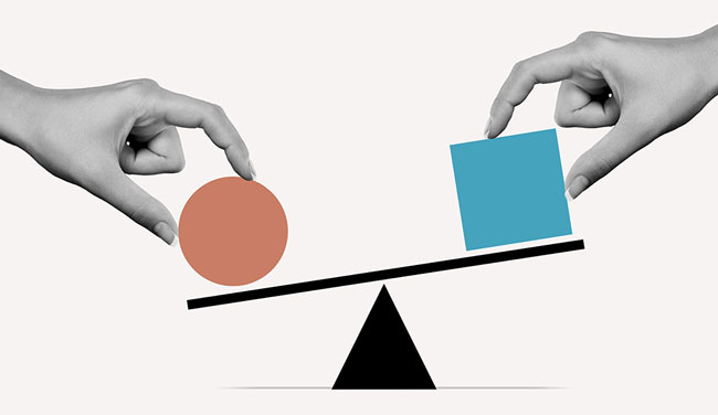 Finding the balance concept with a circle and square on a scale