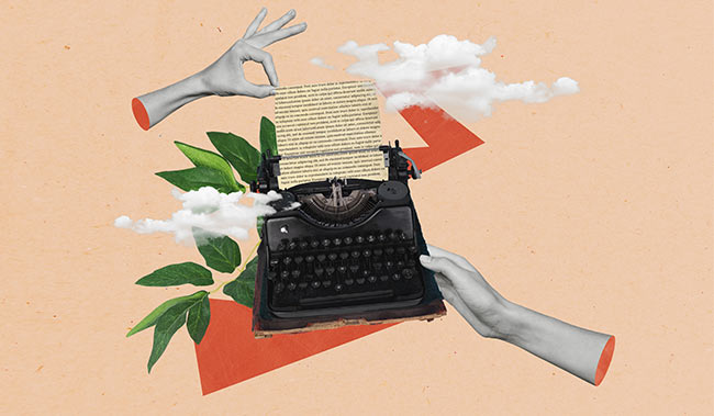 Collage creative picture of hands holding mechanical retro keyboard journalist typewriter antique document isolated on beige background