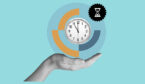 Measure patience concept with hand holding clock with segments and an hourglass