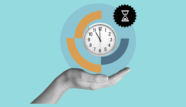 Measure patience concept with hand holding clock with segments and an hourglass