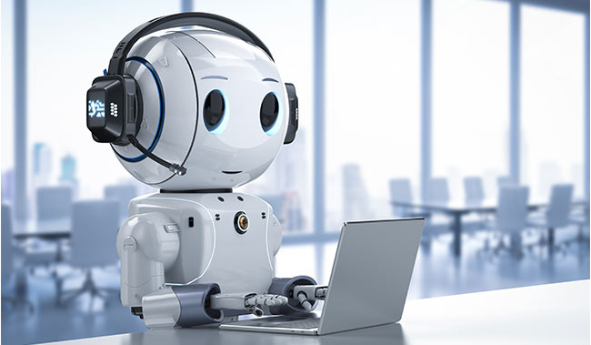 Automation customer service concept with 3d rendering of robot working with headset and laptop