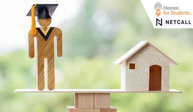 Wooden student with graduation hat balancing with a house