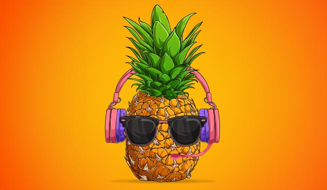 A pineapple wearing a call centre headset and sun glasses