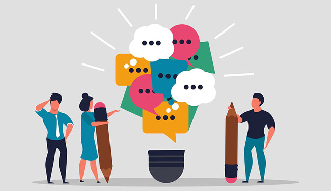 New ideas and training concept with lightbulb of speech bubbles and people with pencils