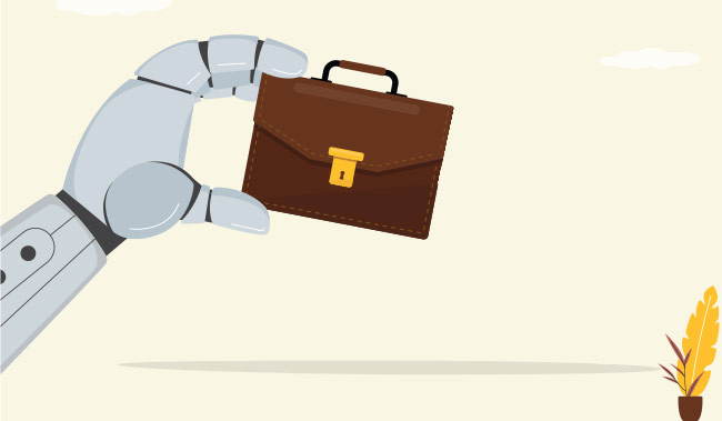 Robot hand holding a suitcase