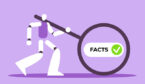AI robot holding a magnifying glass with the word facts in it