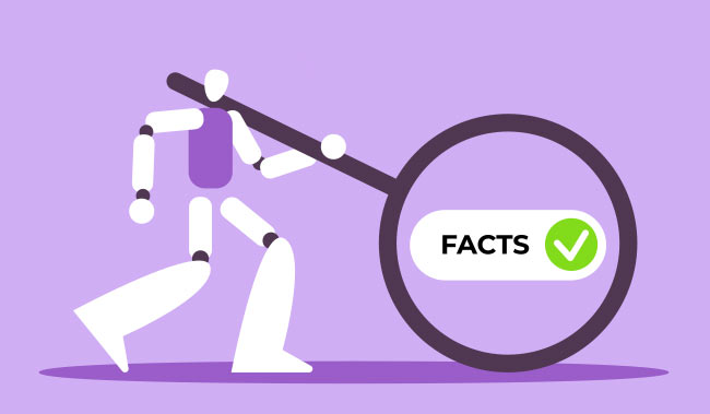 AI robot holding a magnifying glass with the word facts in it