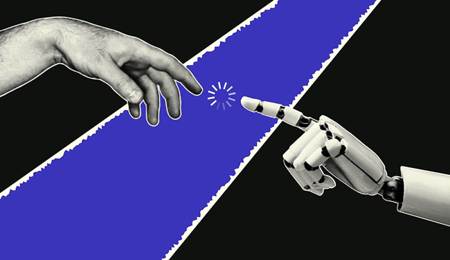 Human and technology collaboration concept with robot and human hand reaching for each other