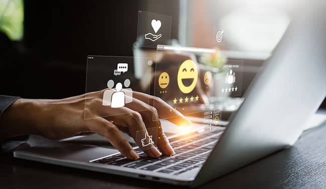Customer on laptop with reviews and icons