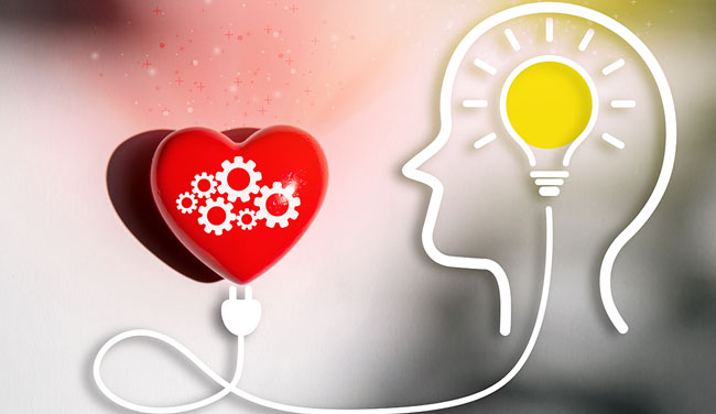 Empathy concept with head shape and lightbulb connected to heart
