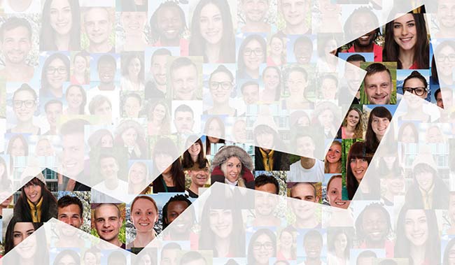 Lots of faces on a background with an arrow through the middle