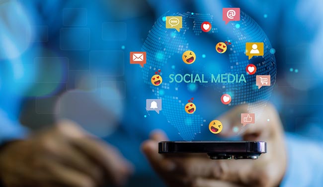 Social media concept with person holding phone with icons