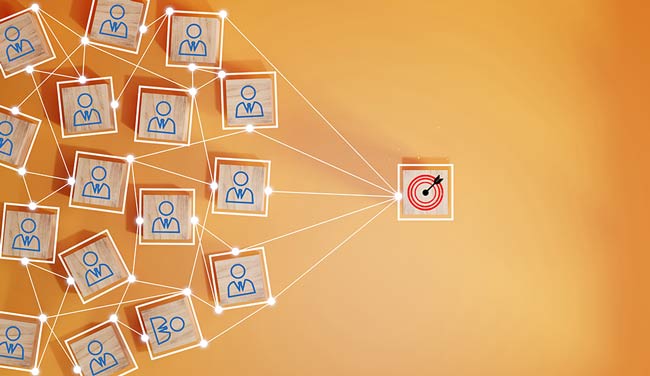 WFM impact concept with people icons on blocks connected to one with a target