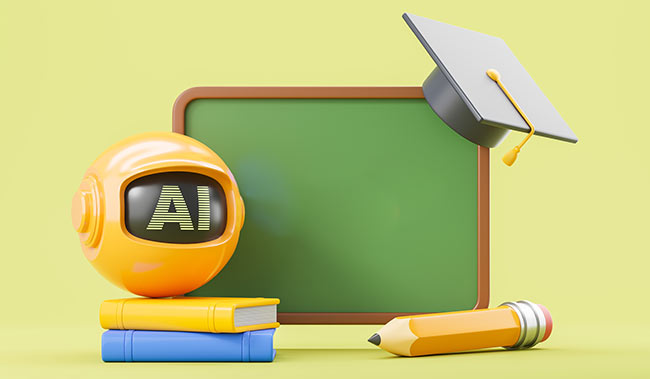 AI robot near chalkboard, graduation cap and books on colored background