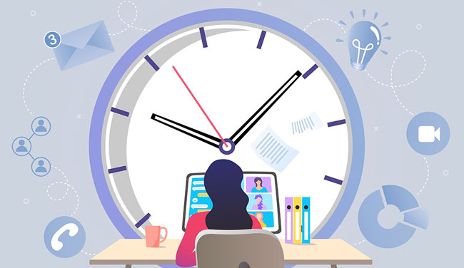 Person sat at desk with clock and icons