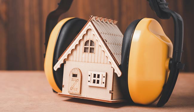 A house is covered with headphones to reduce noise - remote workers reducing background noise concept
