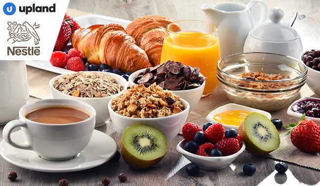 Breakfast served with coffee, orange juice, croissants, cereals and fruits. Balanced diet.
