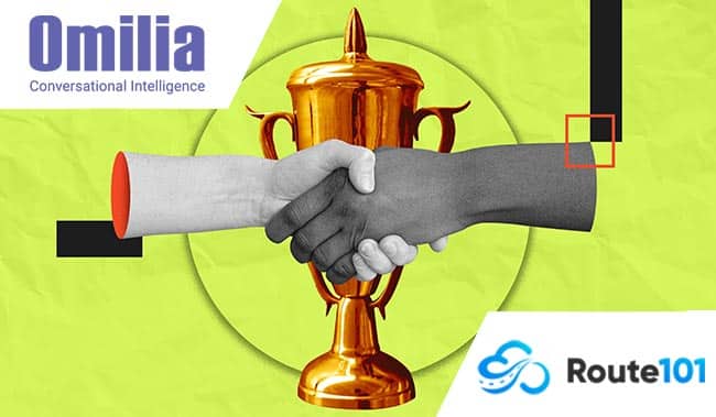 Hand shake with a gold trophy behind