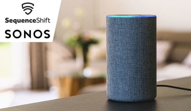 Smart speaker on a table with a blurred background