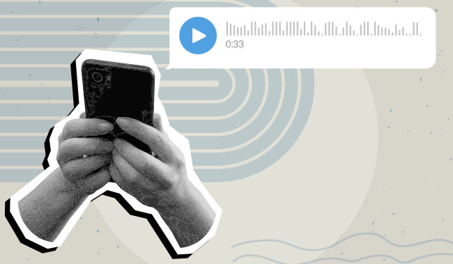 Hands holding a smartphone with a voice message