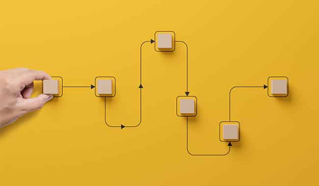 Hand holding wooden cube block arranging processing management on yellow background