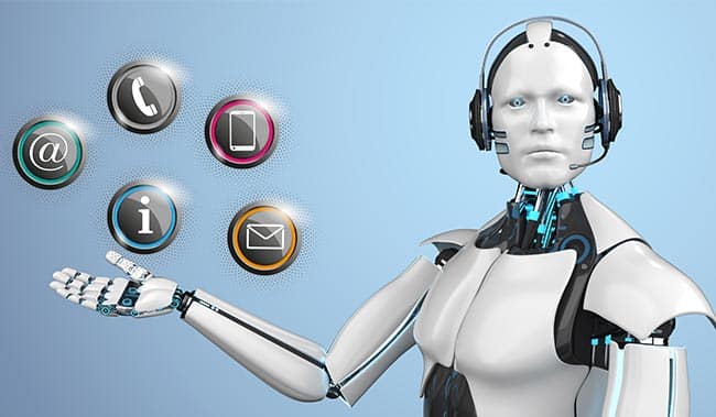 Robot with a headset on and different icons
