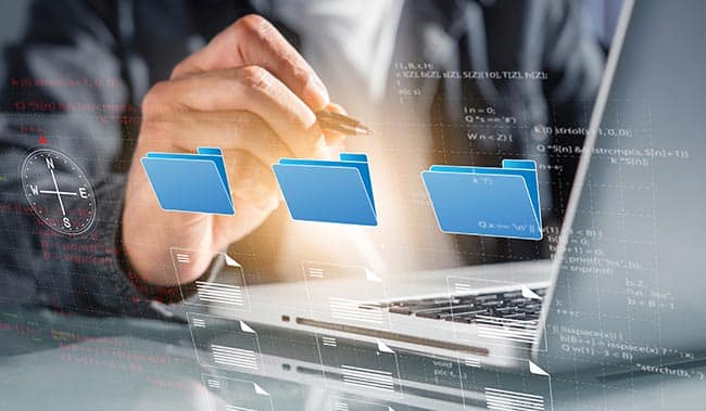 Businessman working on laptop to Document management by ai artificial intelligence process to planning information data.