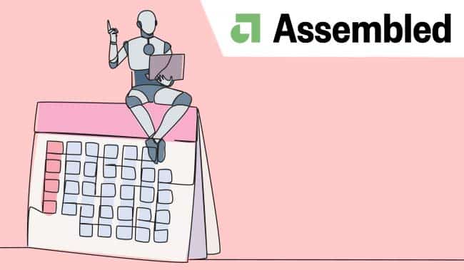 Single one line drawing robotic artificial intelligence sitting on giant desk calendar holding laptop raise one hand