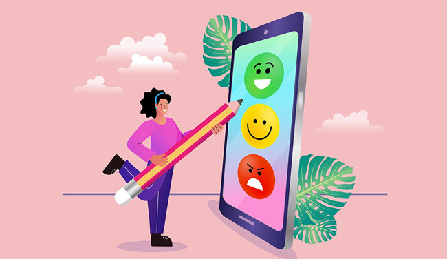 Illustration of person and phone and choosing happy face
