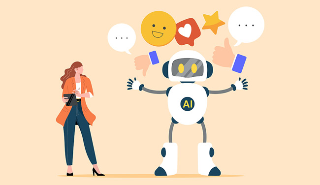 Happy AI robot holding icons being reviewed by person with a pad