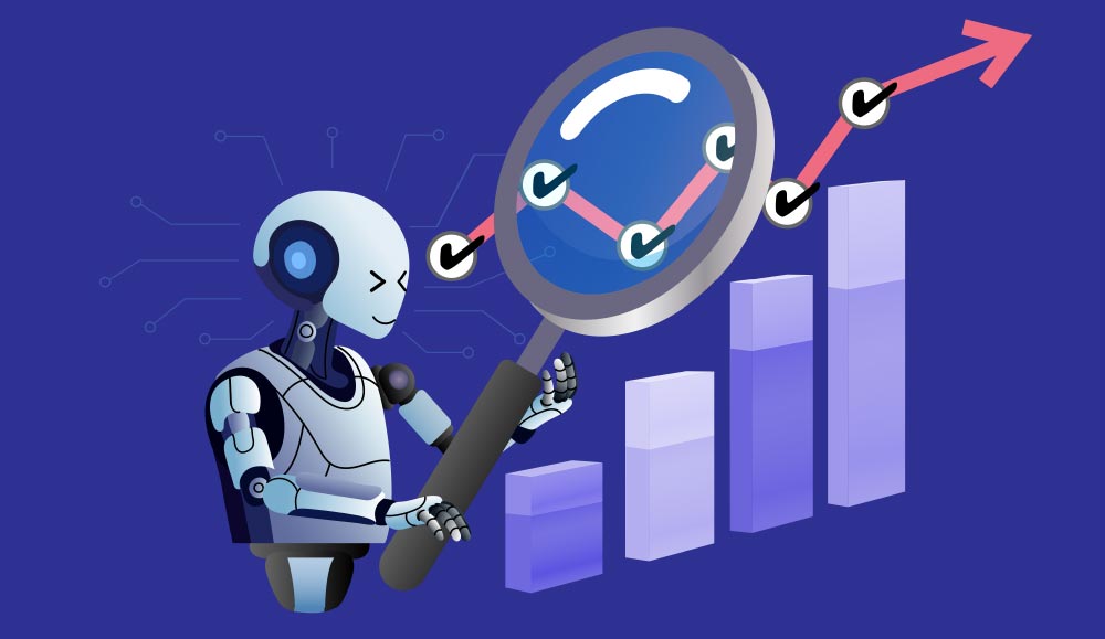 Robot using magnifying glass to analyze rising graph with checkmarks.