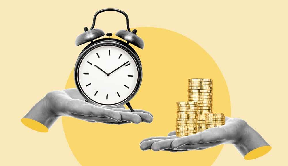 Save money concept with hand holding money and a clock