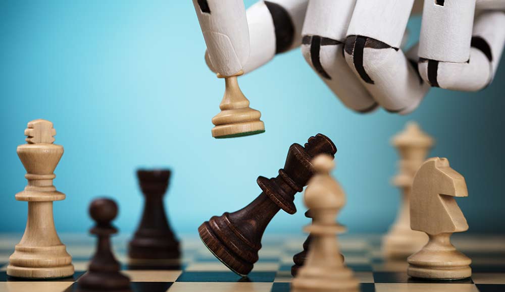 Ai strategy concept with robot hand playing chess
