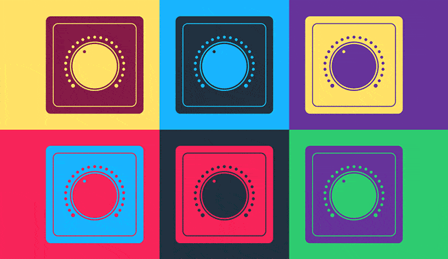 Colourful illustration of six dials - calibration concept