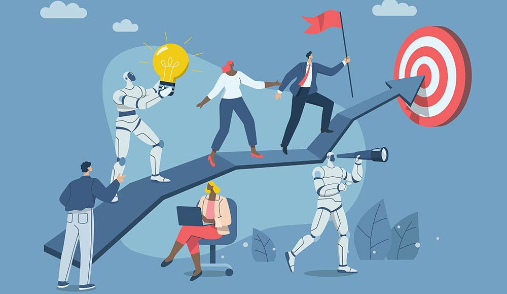 Illustration of a person leading their team up an arrow to a target with AI robots