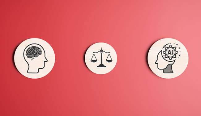 Human and ai balance concept on red background