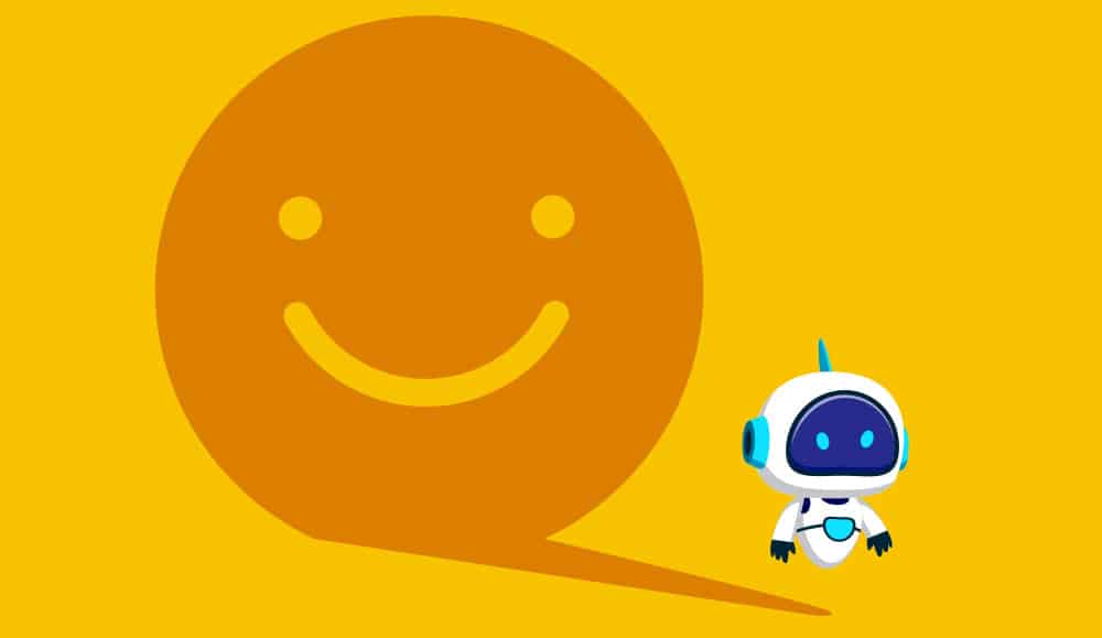 Robot standing shadow of a smiling face emoji reflects leadership. Flat vector illustration