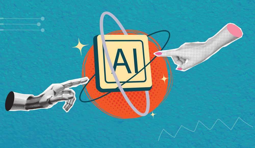 2 people pointing to the word AI in the middle