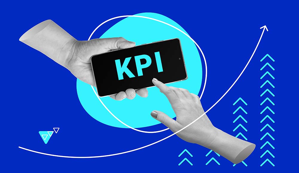 The hand touches the abbreviation KPI on the smartphone screen