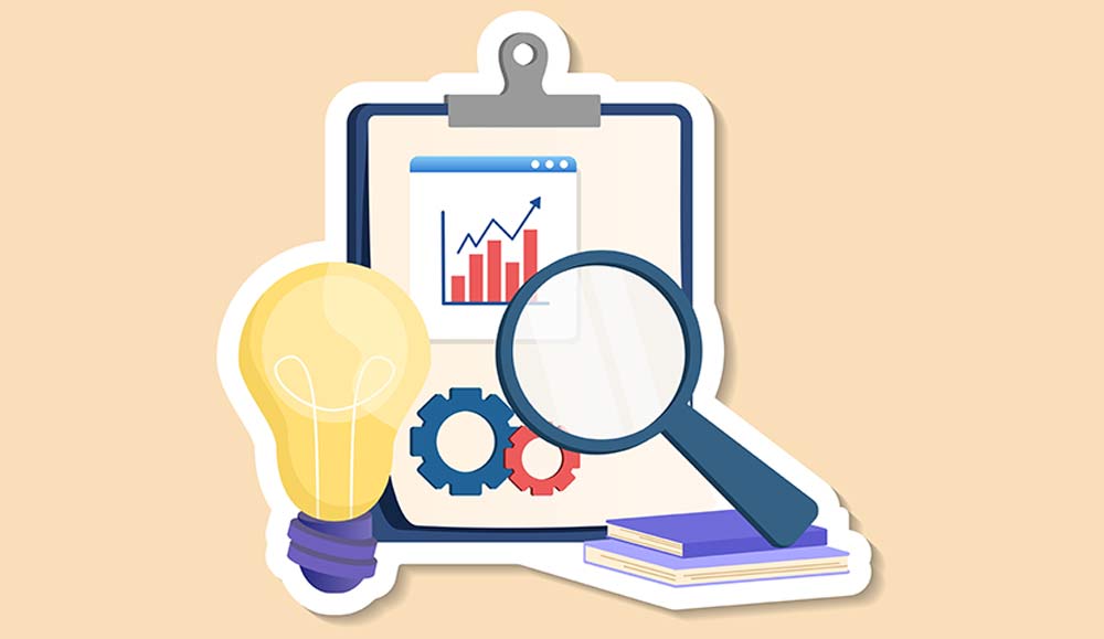 An illustration for an analysis concept with magnifying glass examining report document and light bulb for idea.