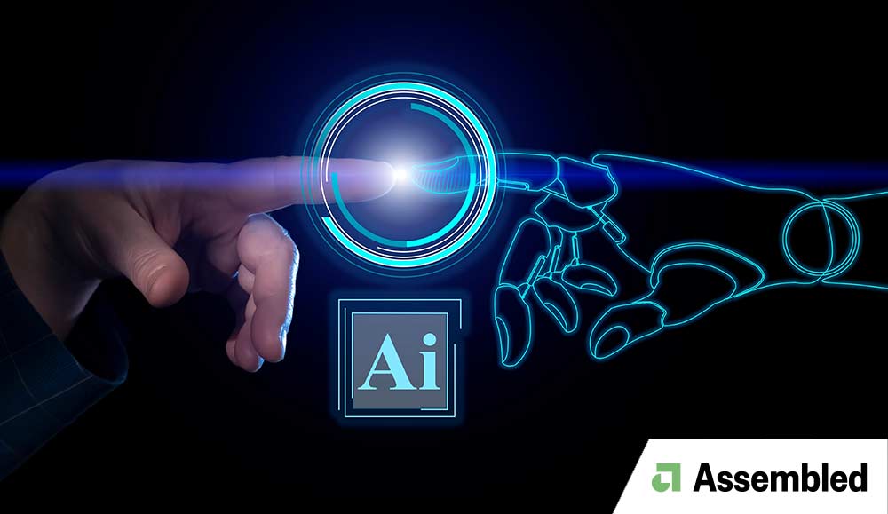 human hand and robot hand touching digital circle