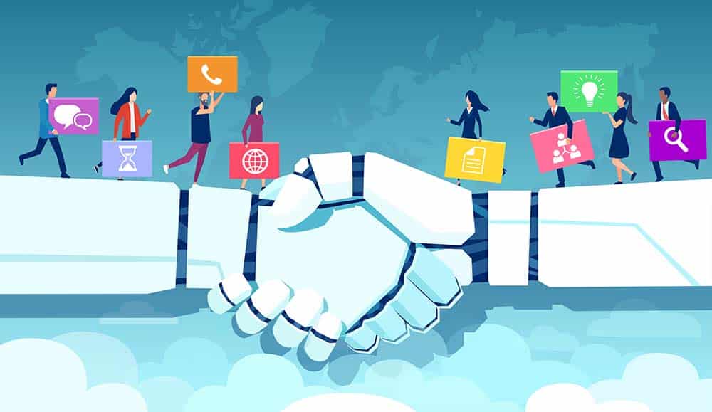 AI connecting people in business with robot handshake and people holding icons