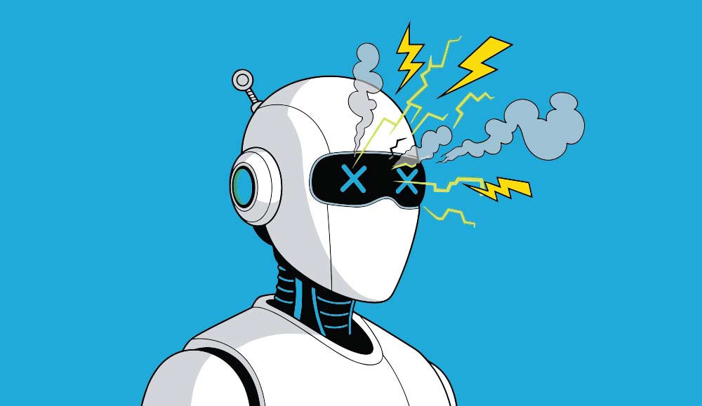 Malfunctioning robot head with sparks and smoke coming out of its circuit board against a bright blue background